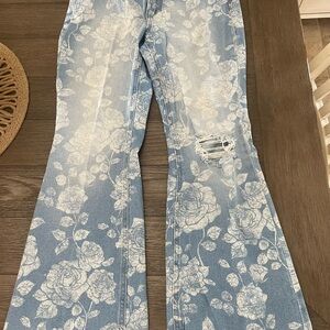 Celebrity Pink Blue and White Flare Jeans with Floral Print